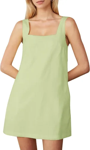 Summer Sleeveless Cotton Linen Mini Dress for Women Casual Square Neck Backless Short Dress Solid Tank Shift Dresses