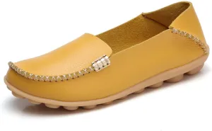Sunporx Women's Driving Loafers Leather Comfortable Moccasins Breathable Slip On Nurse Loafer Round Toe Wild Walking Fashion Soft Shoes Yellow