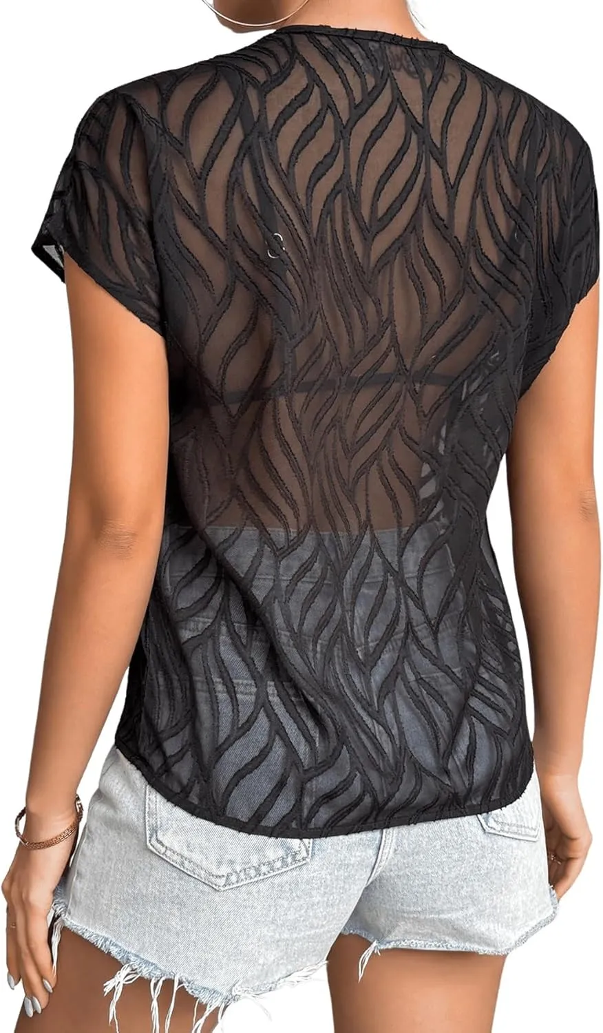 SweatyRocks Women's Sheer Mesh See Through Short Sleeve Blouse V Neck Plain Tee Shirt Tops
