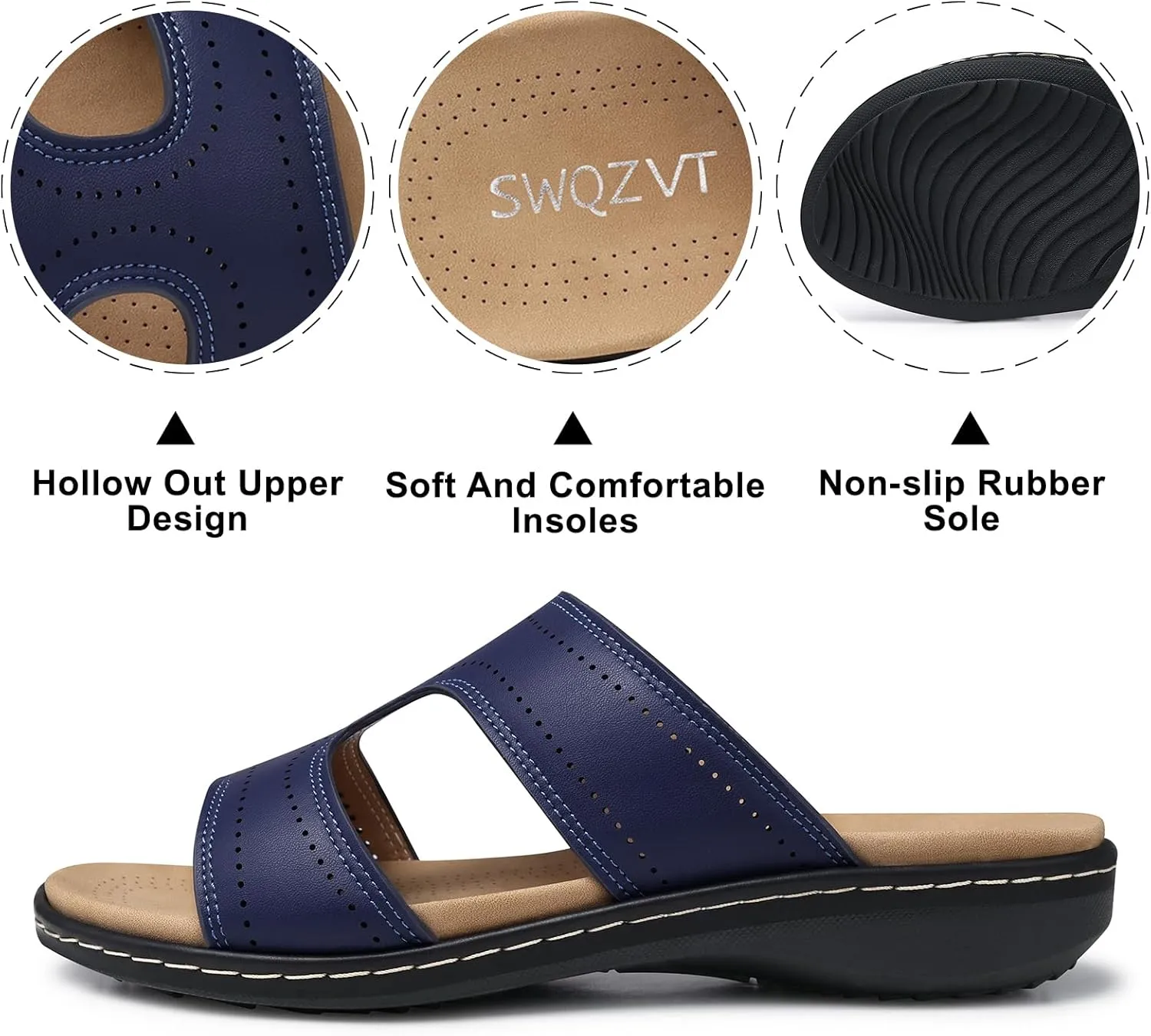 SWQZVT Flat Slides Sandals for Women: Comfortable Arch Support Sandal - Slip On Summer Walking Sandals