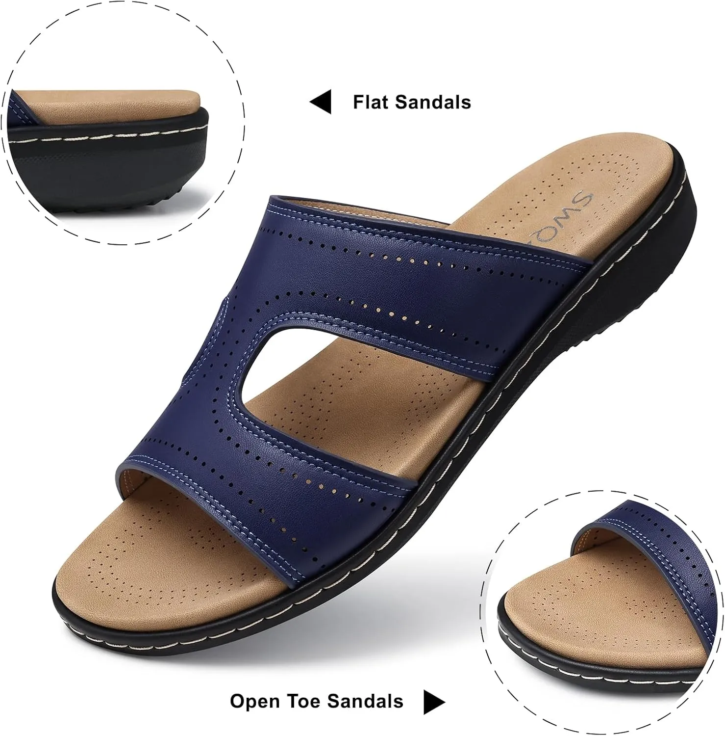SWQZVT Flat Slides Sandals for Women: Comfortable Arch Support Sandal - Slip On Summer Walking Sandals