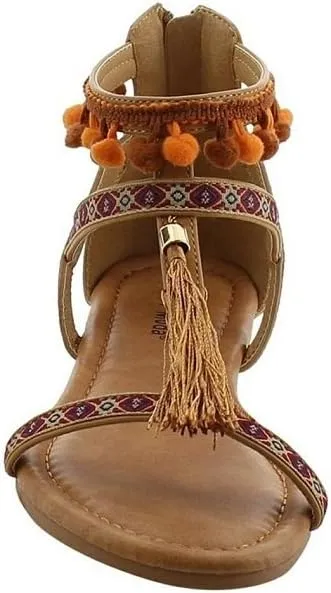 T-Strap Bohemian Tassel Pom Pom Zipper Flat Sandals