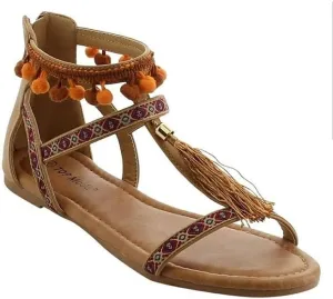 T-Strap Bohemian Tassel Pom Pom Zipper Flat Sandals