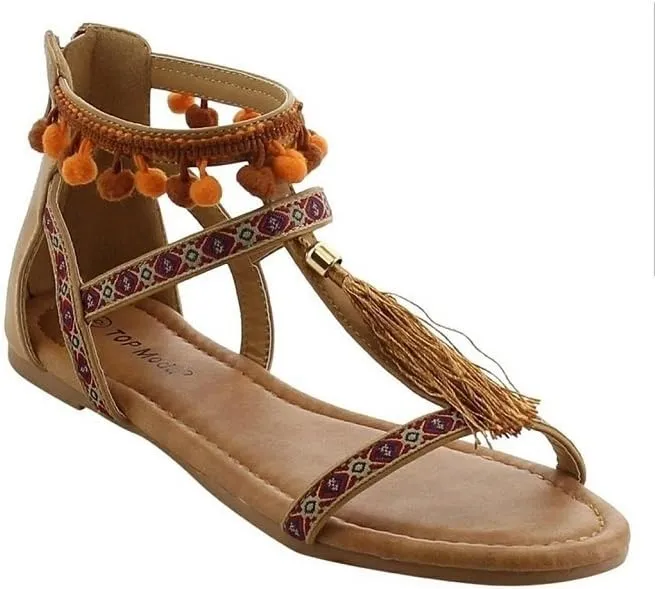 T-Strap Bohemian Tassel Pom Pom Zipper Flat Sandals