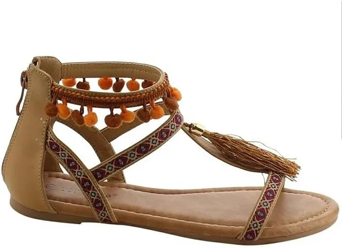 T-Strap Bohemian Tassel Pom Pom Zipper Flat Sandals