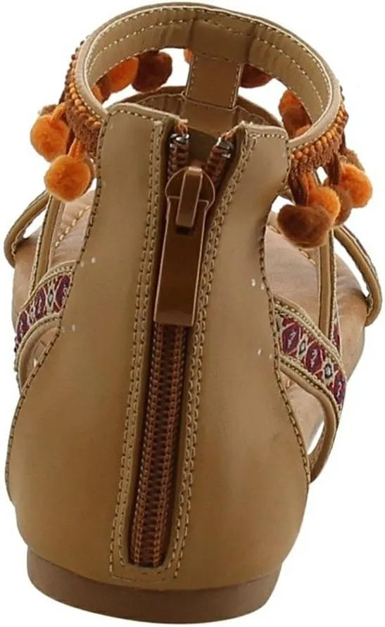 T-Strap Bohemian Tassel Pom Pom Zipper Flat Sandals
