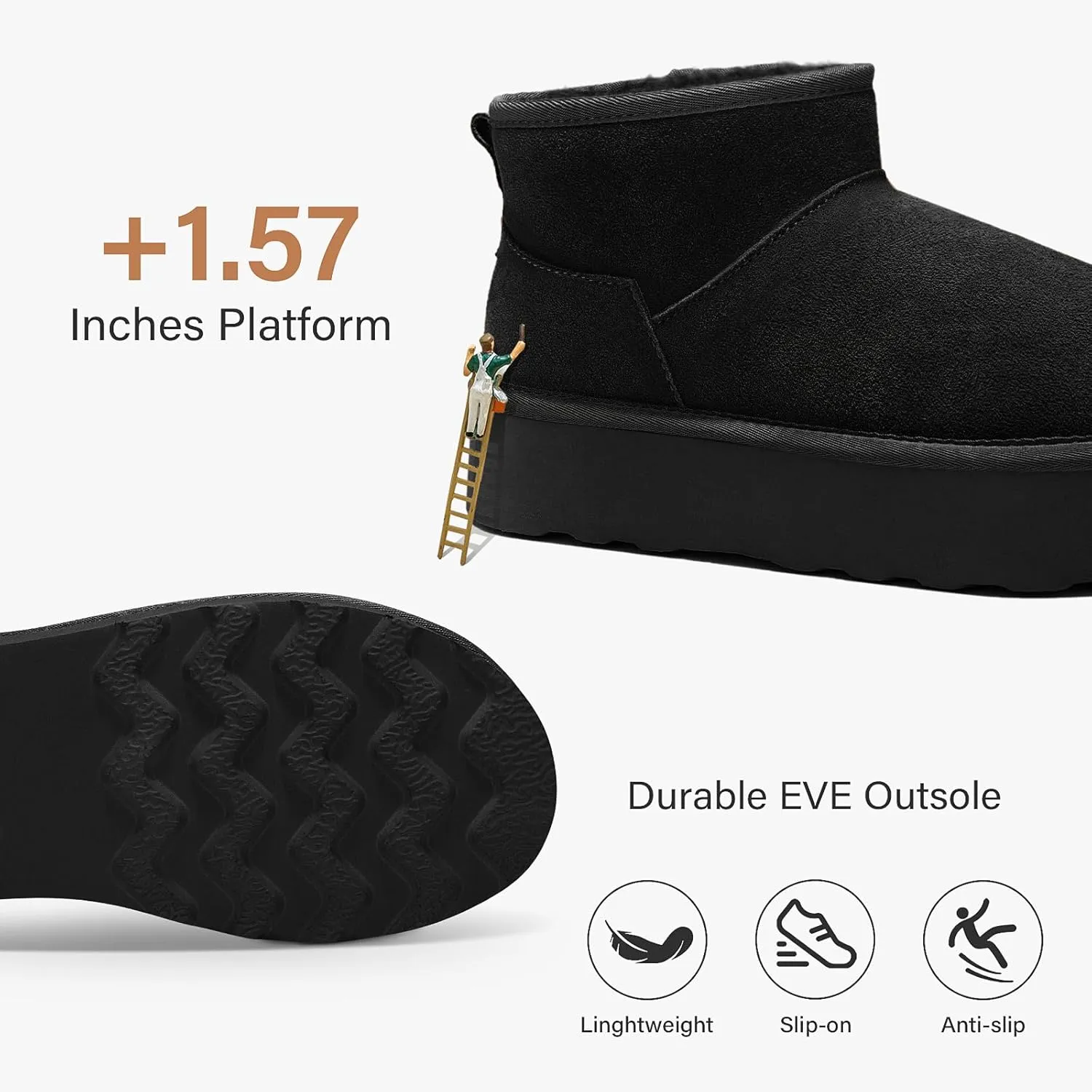 Tanamo Platform Mini Boots for Women Snow Boots Suede Leather, Ankle Boots Winter Boots Memory Foam Insole Fuzzy Lining Outdoor Indoor Anti-Slip