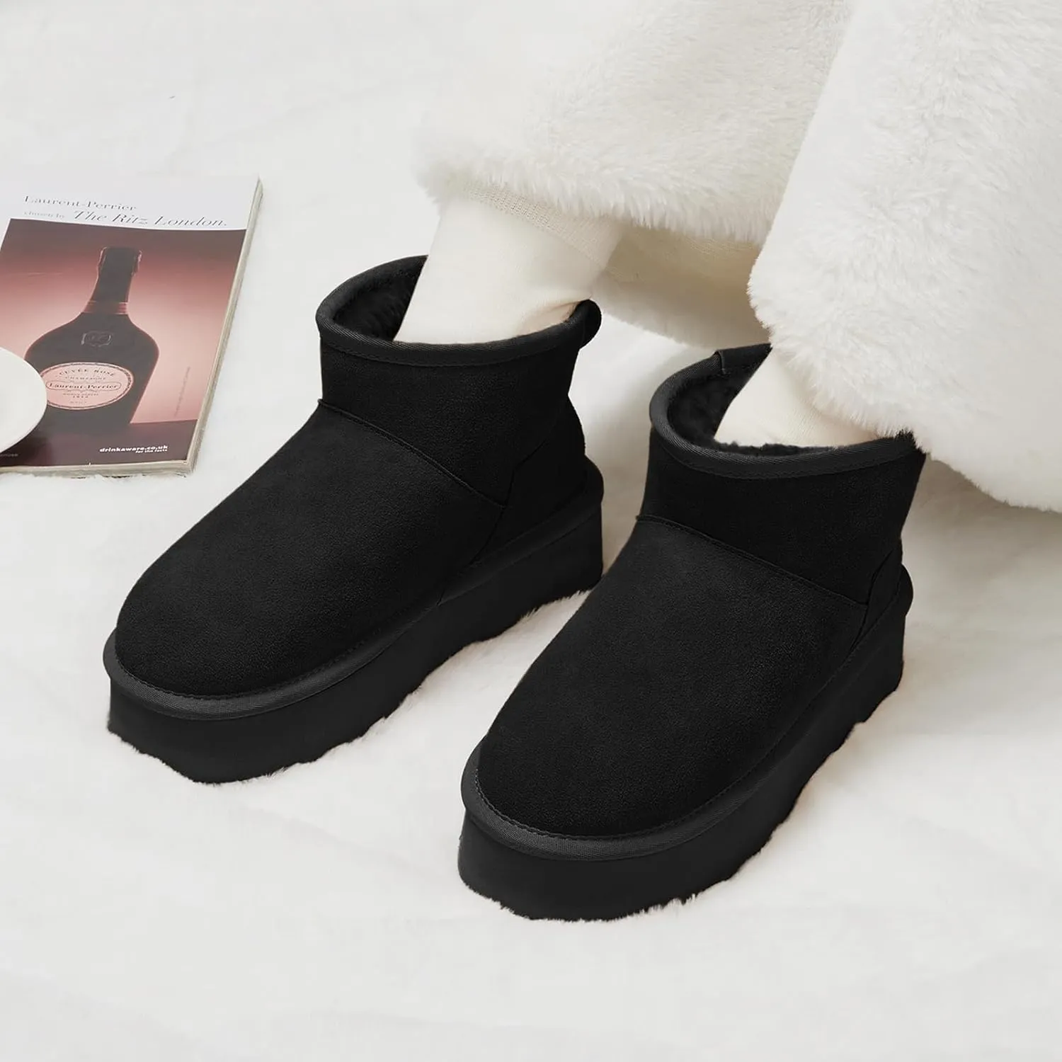 Tanamo Platform Mini Boots for Women Snow Boots Suede Leather, Ankle Boots Winter Boots Memory Foam Insole Fuzzy Lining Outdoor Indoor Anti-Slip