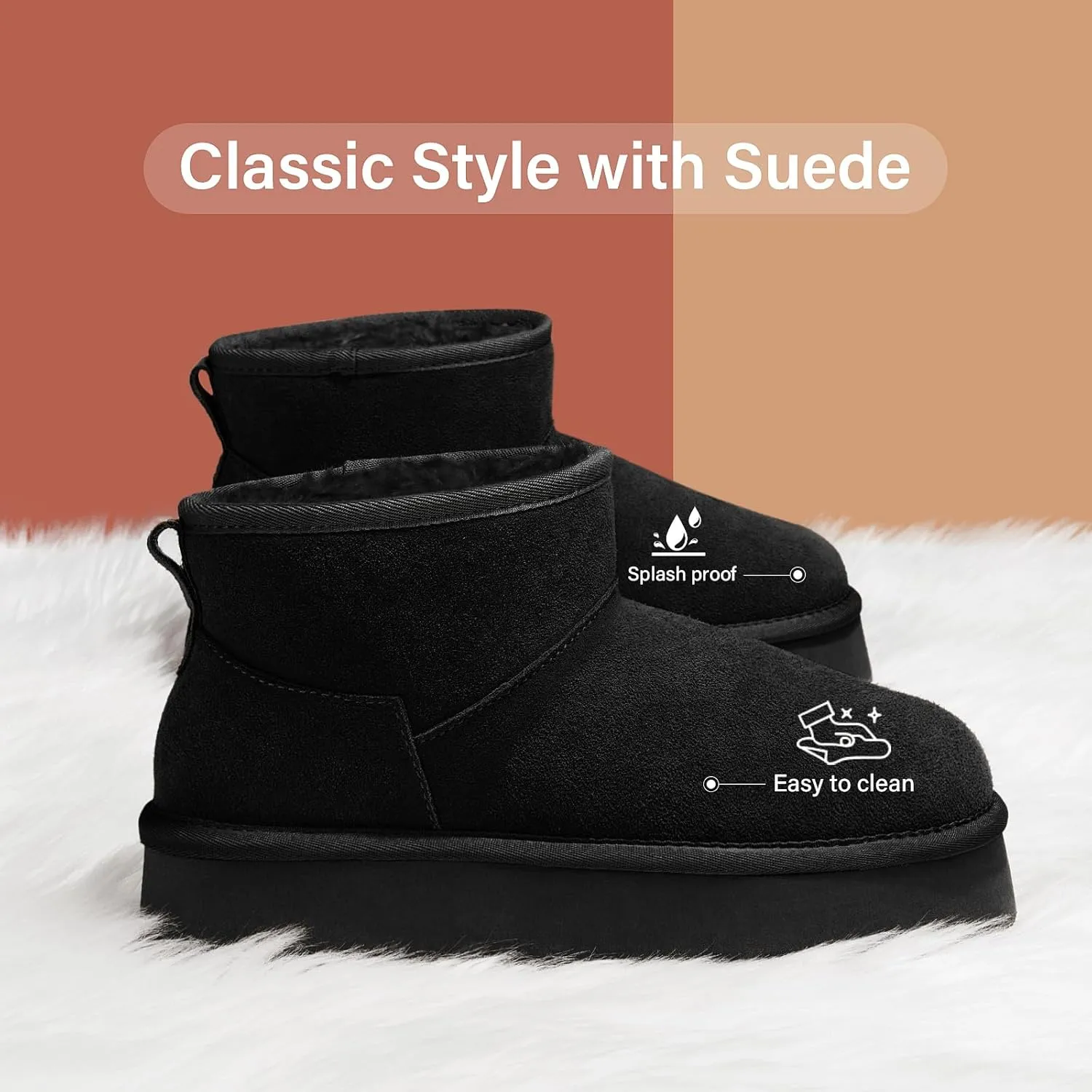 Tanamo Platform Mini Boots for Women Snow Boots Suede Leather, Ankle Boots Winter Boots Memory Foam Insole Fuzzy Lining Outdoor Indoor Anti-Slip