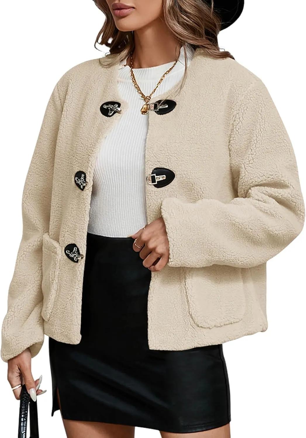 Tankaneo Womens Sherpa Fleece Jackets Long Sleeve Faux Fur Winter Warm Fuzzy Coats with Pockets