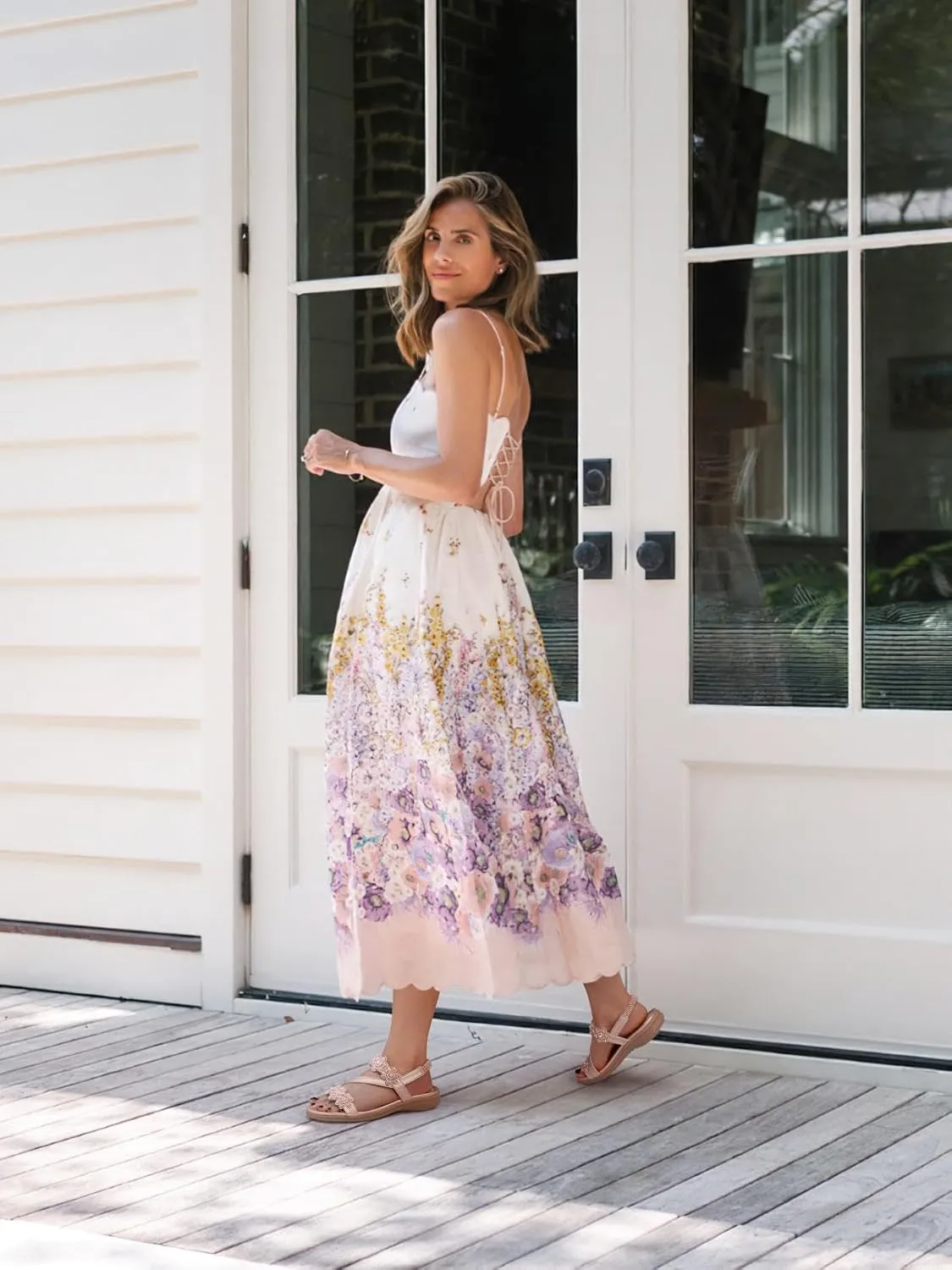 TEMOFON Sandals for Women Flat Dressy: Summer Flower Sandals with Ankle Strap Comfortable Casual Walking Flat Sandals Size 5-11