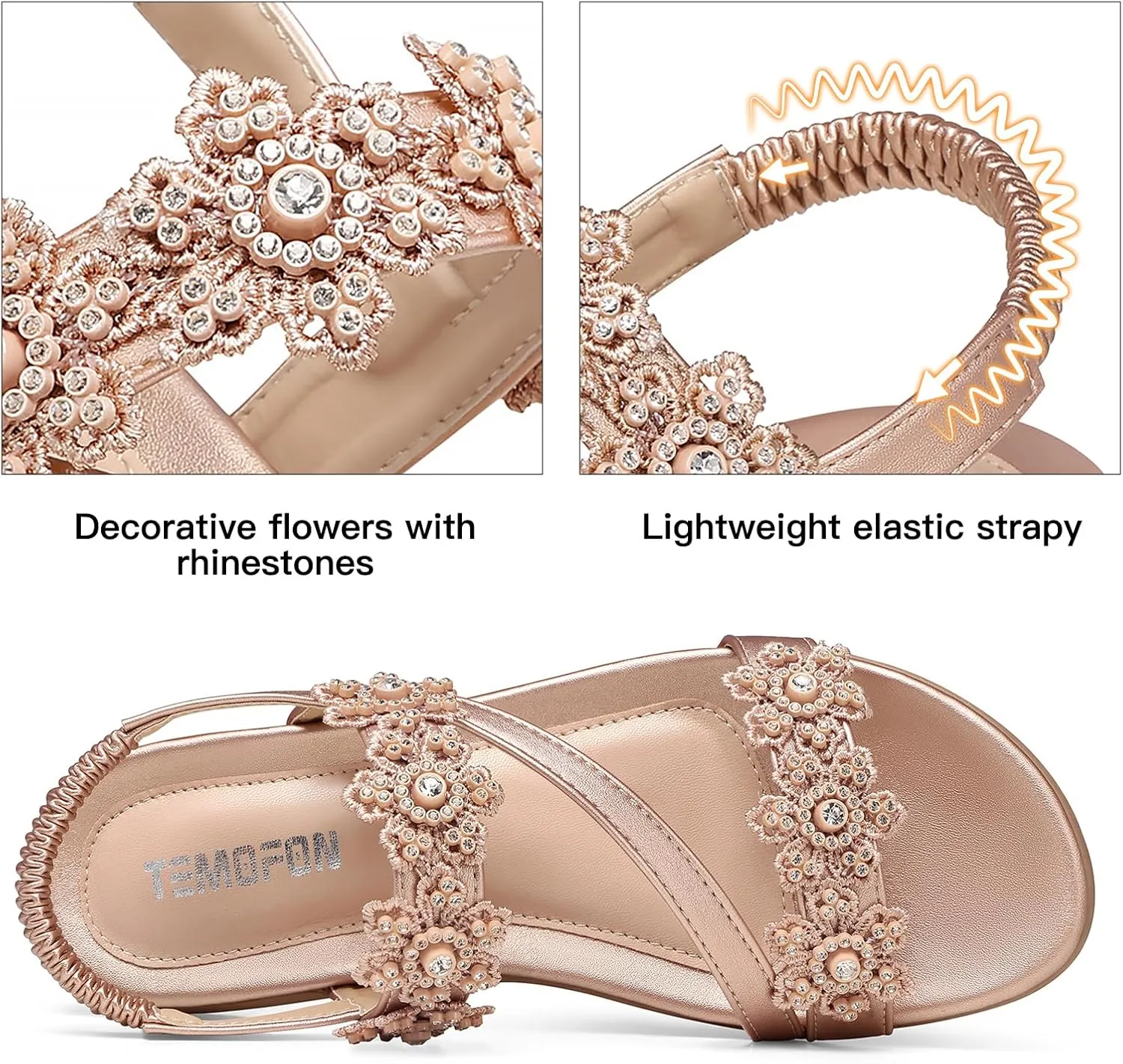 TEMOFON Sandals for Women Flat Dressy: Summer Flower Sandals with Ankle Strap Comfortable Casual Walking Flat Sandals Size 5-11