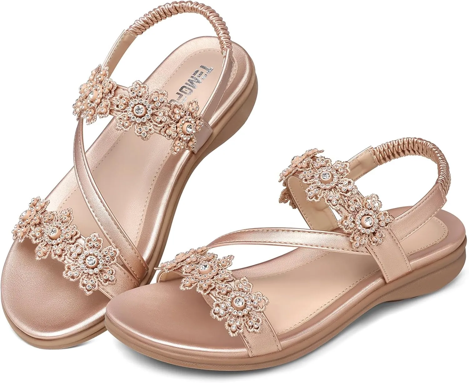 TEMOFON Sandals for Women Flat Dressy: Summer Flower Sandals with Ankle Strap Comfortable Casual Walking Flat Sandals Size 5-11