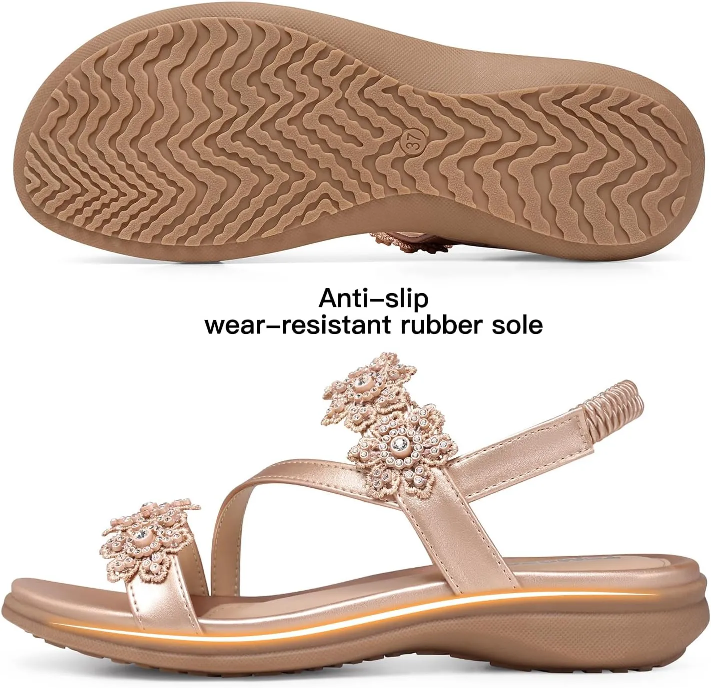 TEMOFON Sandals for Women Flat Dressy: Summer Flower Sandals with Ankle Strap Comfortable Casual Walking Flat Sandals Size 5-11