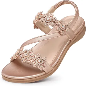 TEMOFON Sandals for Women Flat Dressy: Summer Flower Sandals with Ankle Strap Comfortable Casual Walking Flat Sandals Size 5-11