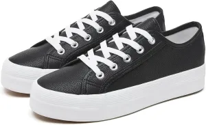 THATXUAOV Women's White Platform Shoes,PU Leather Sneaker for Women,Fashion Casual Tennis Shoes,Black Low Top Platform Walking for Women