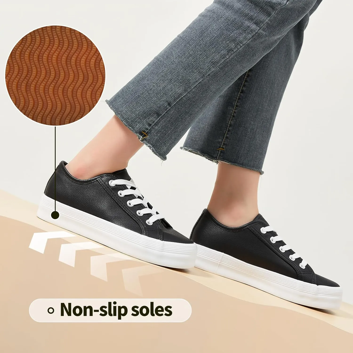 THATXUAOV Women's White Platform Shoes,PU Leather Sneaker for Women,Fashion Casual Tennis Shoes,Black Low Top Platform Walking for Women
