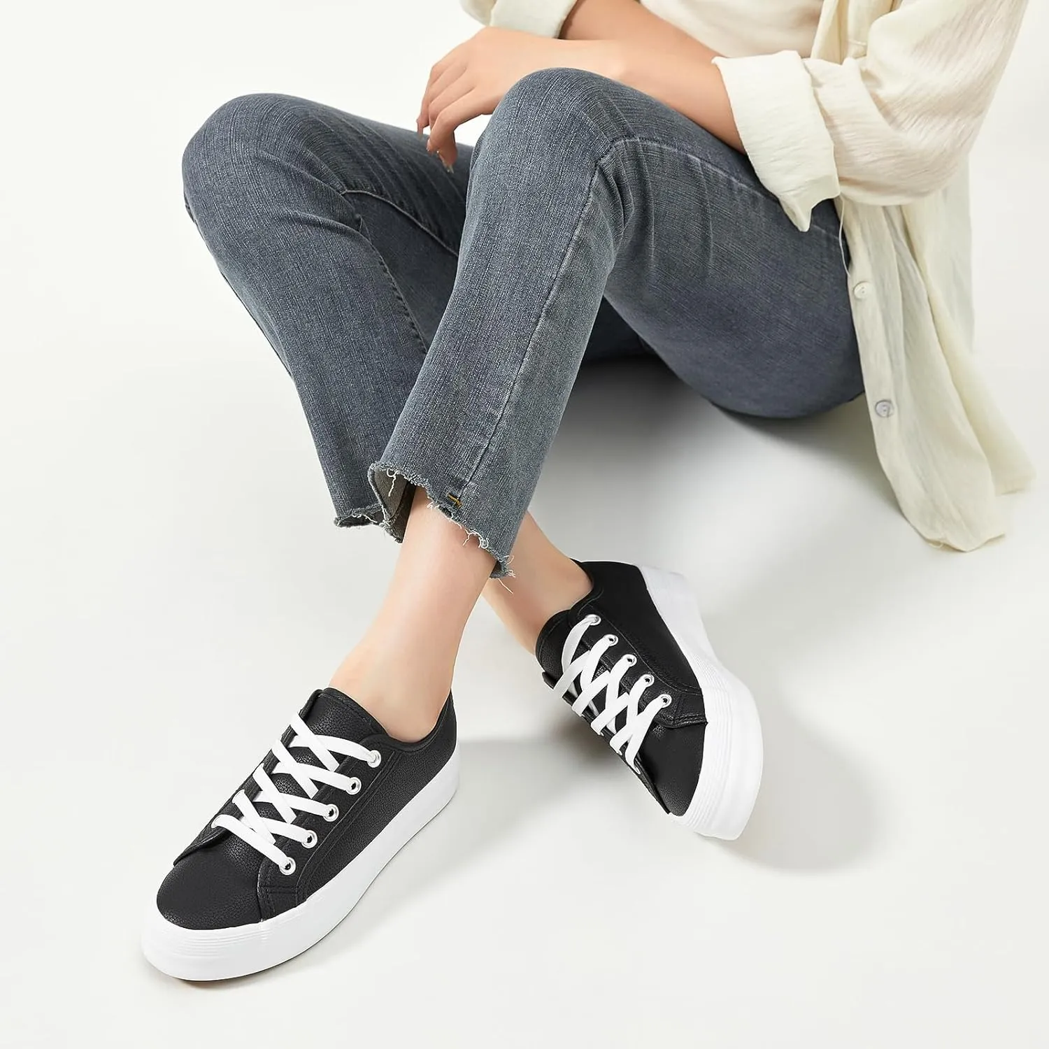 THATXUAOV Women's White Platform Shoes,PU Leather Sneaker for Women,Fashion Casual Tennis Shoes,Black Low Top Platform Walking for Women
