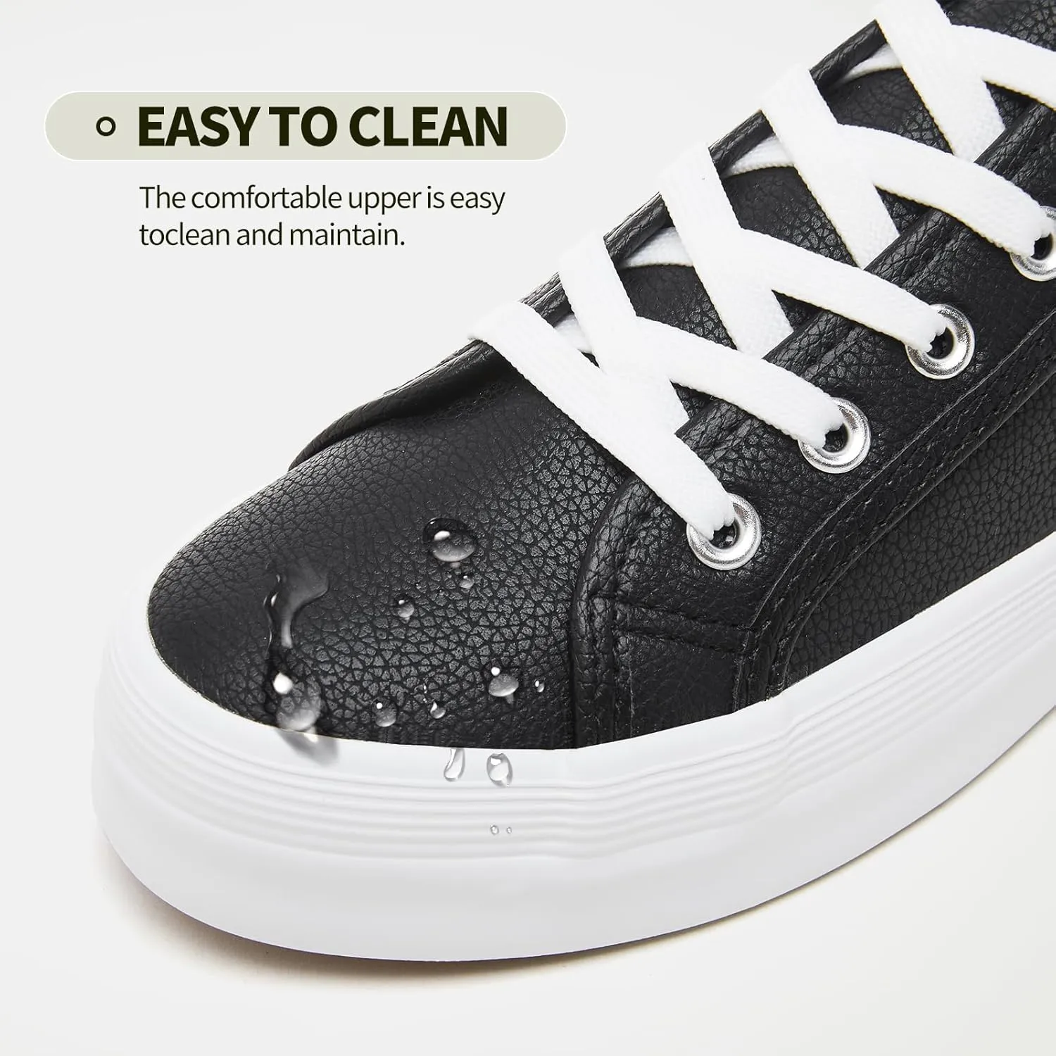 THATXUAOV Women's White Platform Shoes,PU Leather Sneaker for Women,Fashion Casual Tennis Shoes,Black Low Top Platform Walking for Women
