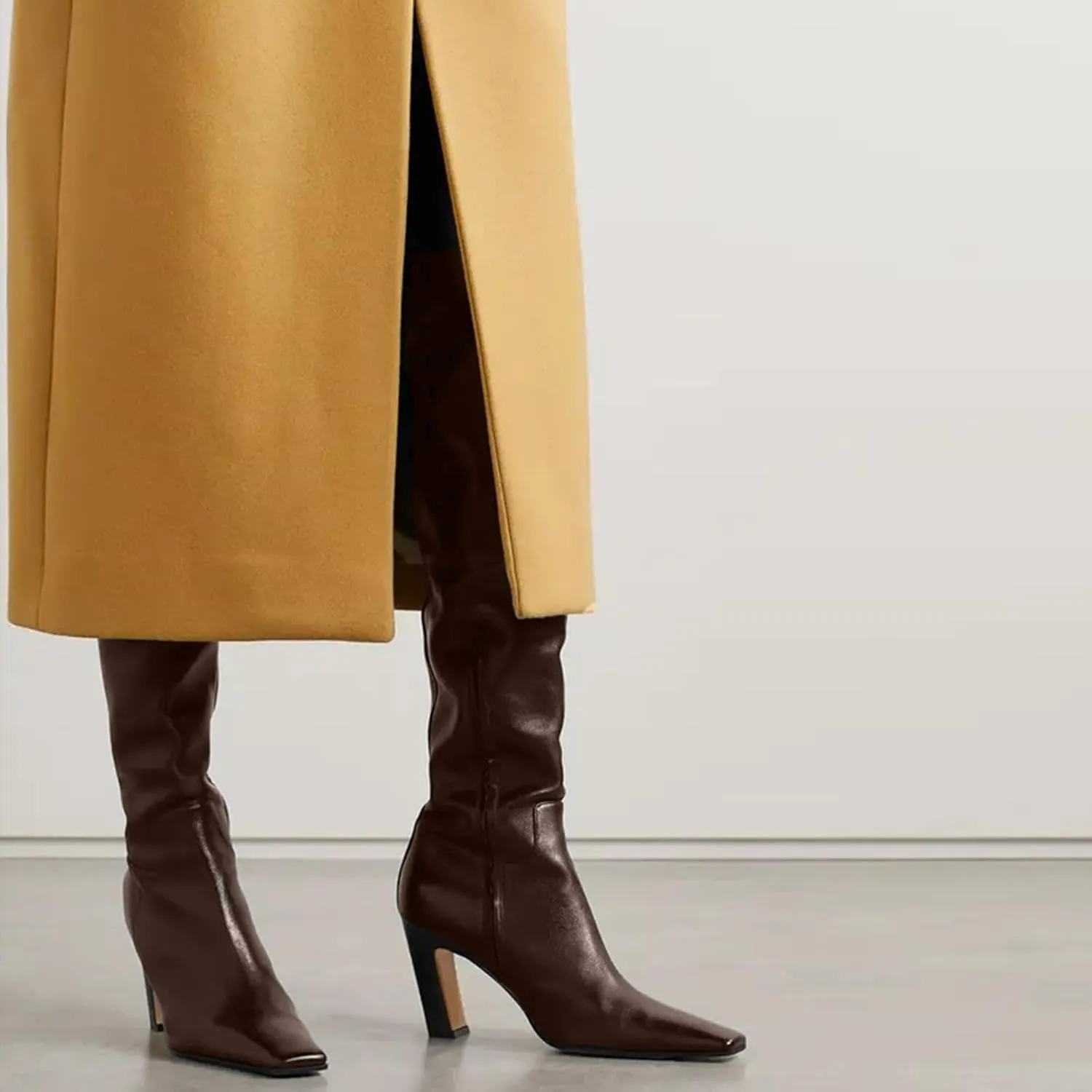 THESHY Women's Chunky High Heel Over The Knee Boots Cowhide Square Toe Thigh High Fahsion Boots Side Zipper Tall Boots