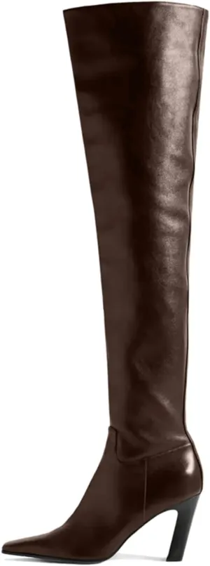 THESHY Women's Chunky High Heel Over The Knee Boots Cowhide Square Toe Thigh High Fahsion Boots Side Zipper Tall Boots