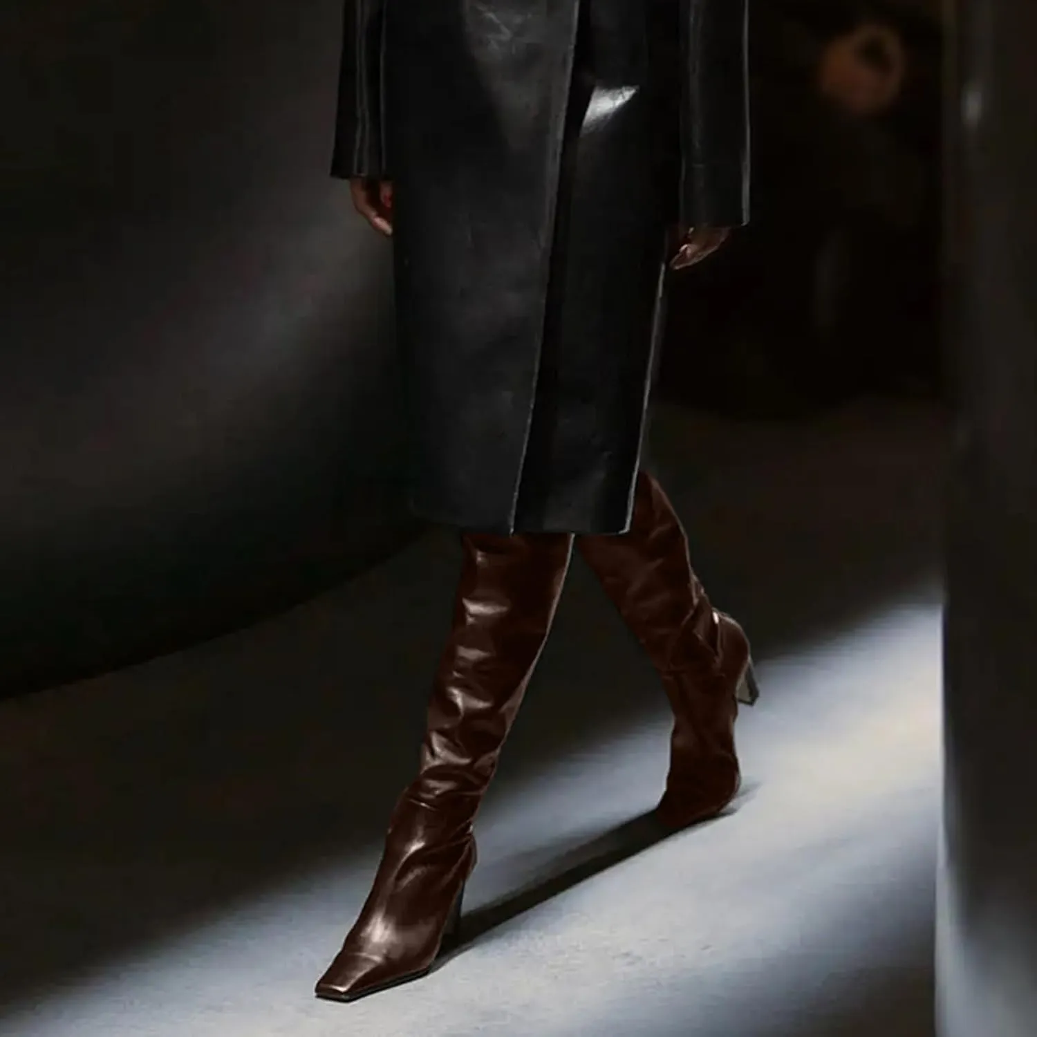 THESHY Women's Chunky High Heel Over The Knee Boots Cowhide Square Toe Thigh High Fahsion Boots Side Zipper Tall Boots