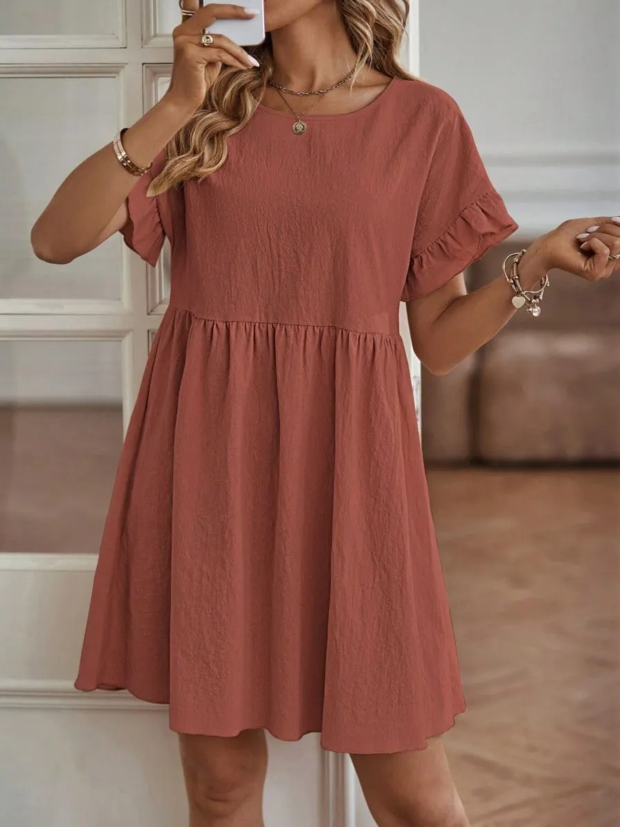 TIAFORD Women Round Neck Cotton Linen Dress Casual Loose Solid Short Ruffle Sleeve High Waist Linen Mini Babydoll Dress