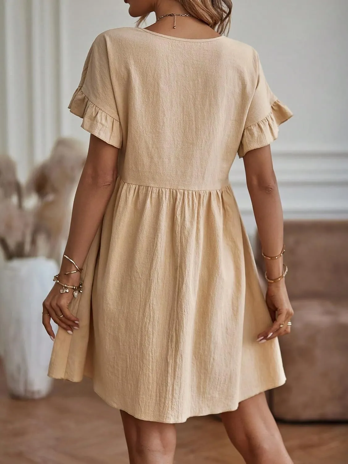 TIAFORD Women Round Neck Cotton Linen Dress Casual Loose Solid Short Ruffle Sleeve High Waist Linen Mini Babydoll Dress