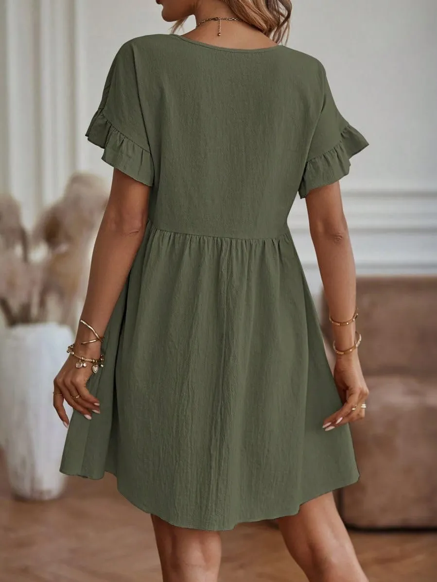 TIAFORD Women Round Neck Cotton Linen Dress Casual Loose Solid Short Ruffle Sleeve High Waist Linen Mini Babydoll Dress