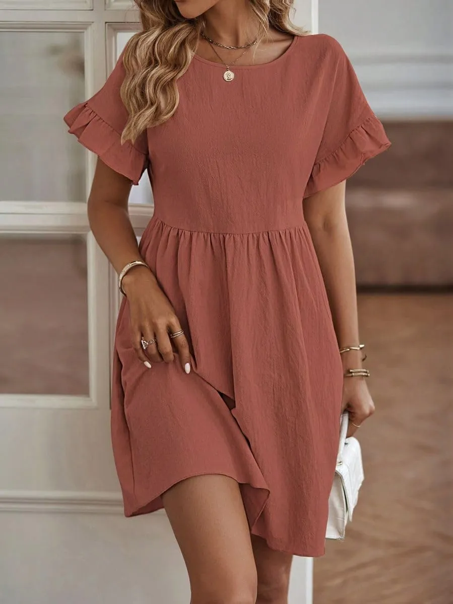 TIAFORD Women Round Neck Cotton Linen Dress Casual Loose Solid Short Ruffle Sleeve High Waist Linen Mini Babydoll Dress