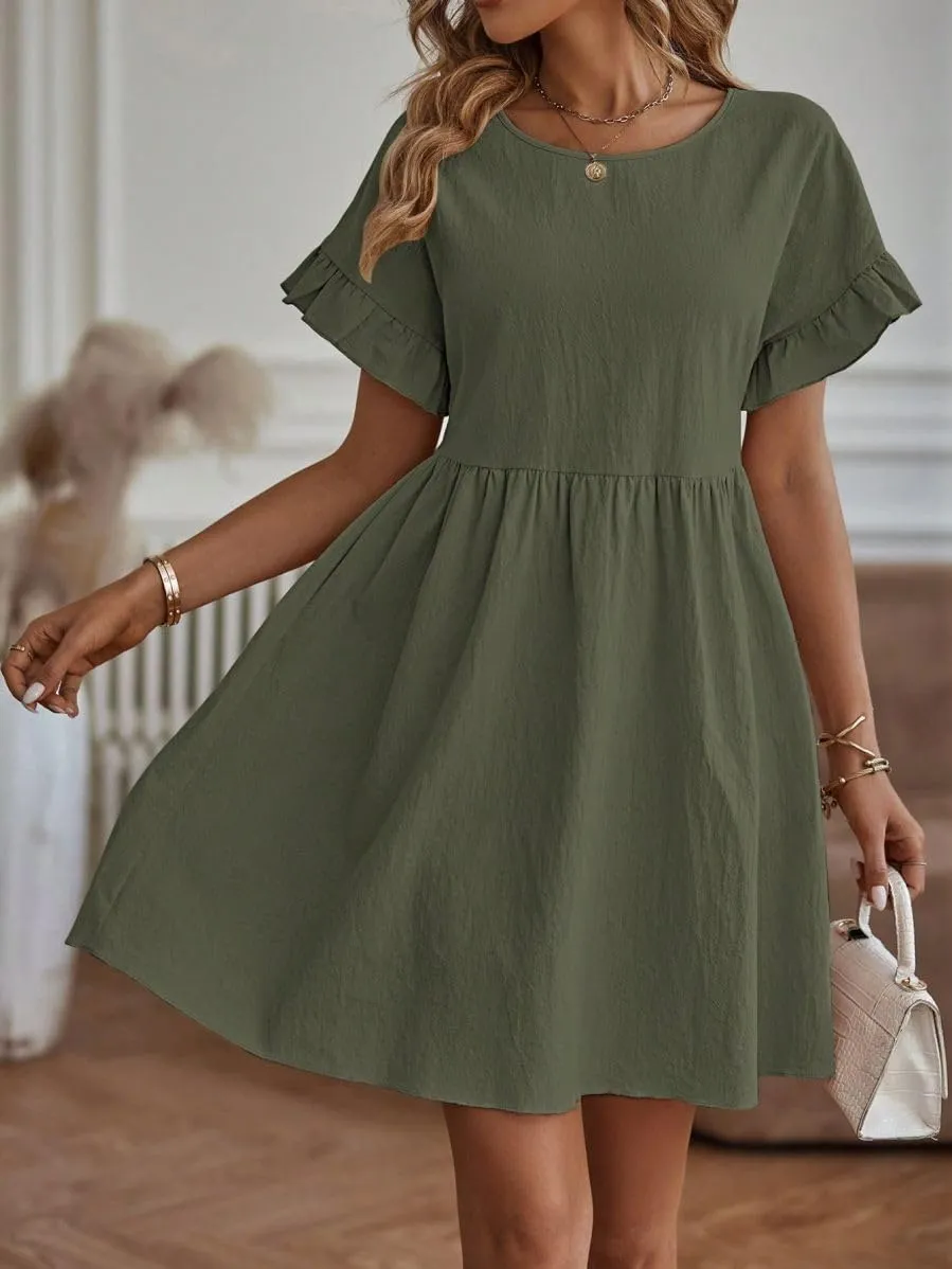 TIAFORD Women Round Neck Cotton Linen Dress Casual Loose Solid Short Ruffle Sleeve High Waist Linen Mini Babydoll Dress