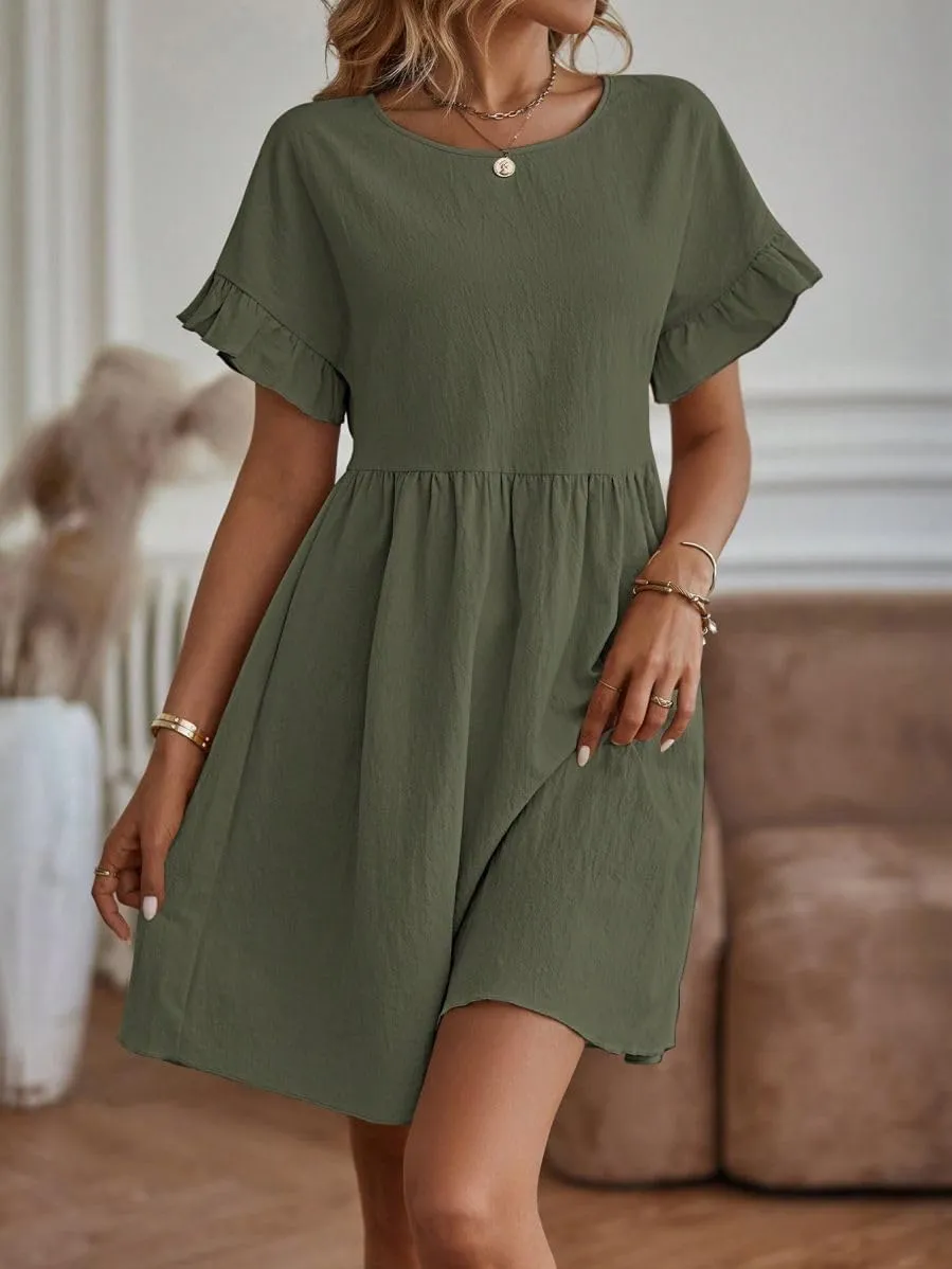 TIAFORD Women Round Neck Cotton Linen Dress Casual Loose Solid Short Ruffle Sleeve High Waist Linen Mini Babydoll Dress