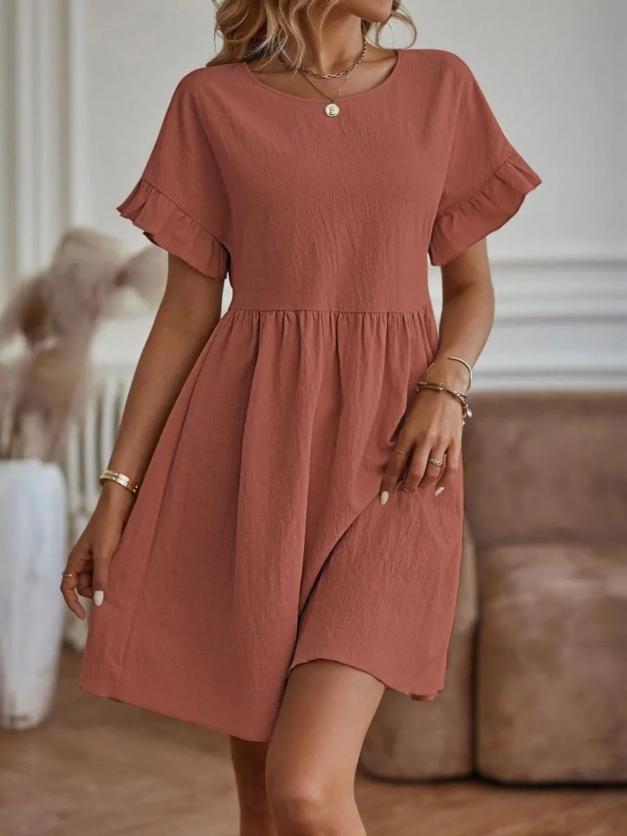 TIAFORD Women Round Neck Cotton Linen Dress Casual Loose Solid Short Ruffle Sleeve High Waist Linen Mini Babydoll Dress