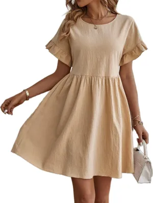 TIAFORD Women Round Neck Cotton Linen Dress Casual Loose Solid Short Ruffle Sleeve High Waist Linen Mini Babydoll Dress