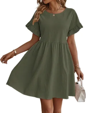 TIAFORD Women Round Neck Cotton Linen Dress Casual Loose Solid Short Ruffle Sleeve High Waist Linen Mini Babydoll Dress