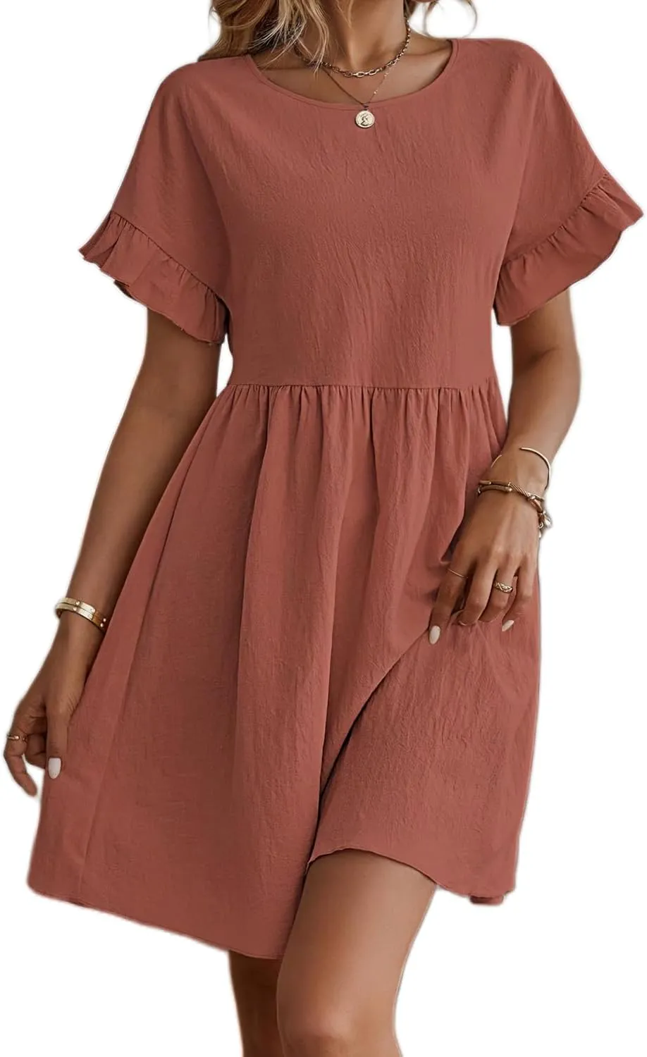 TIAFORD Women Round Neck Cotton Linen Dress Casual Loose Solid Short Ruffle Sleeve High Waist Linen Mini Babydoll Dress
