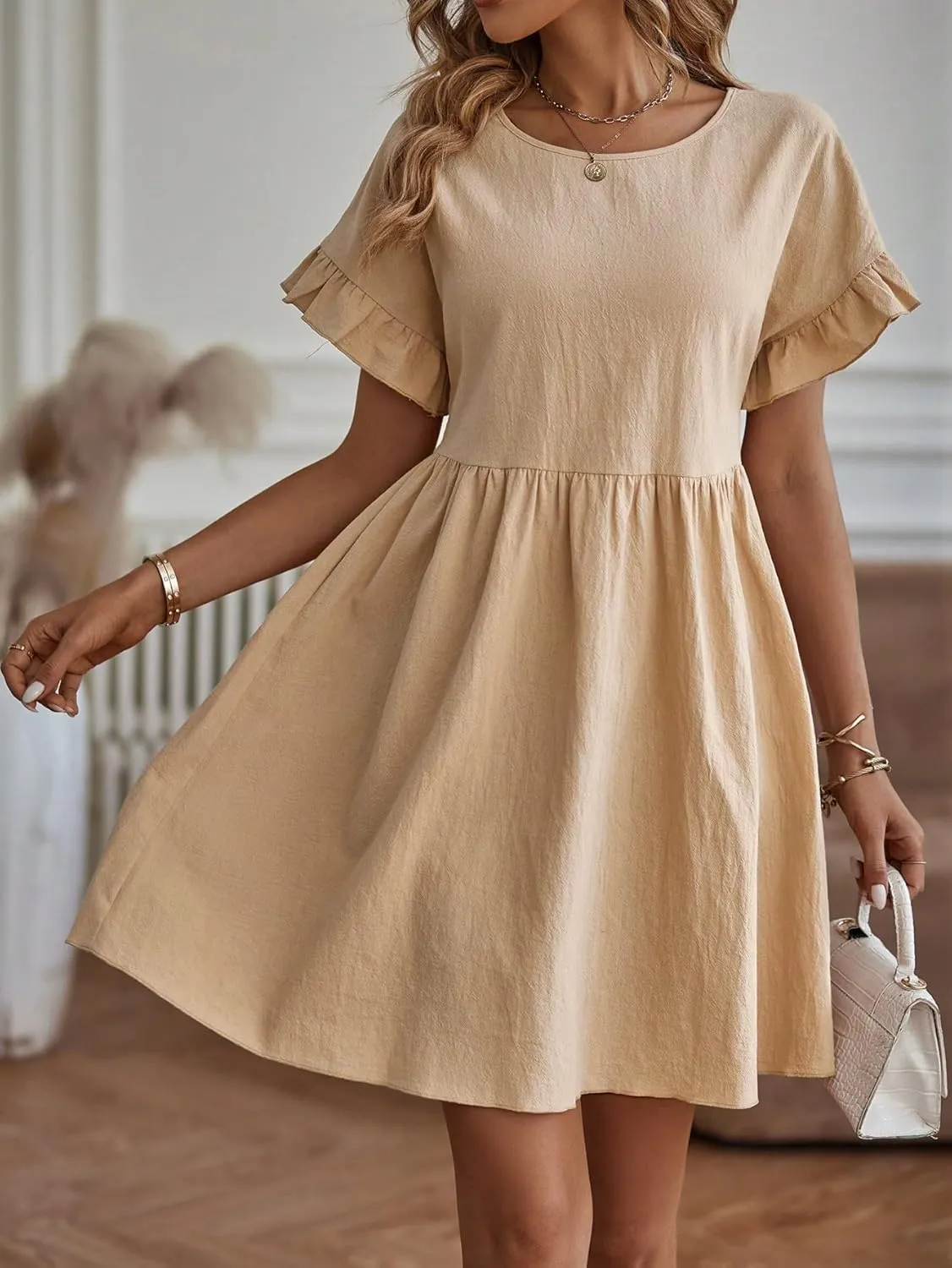 TIAFORD Women Round Neck Cotton Linen Dress Casual Loose Solid Short Ruffle Sleeve High Waist Linen Mini Babydoll Dress