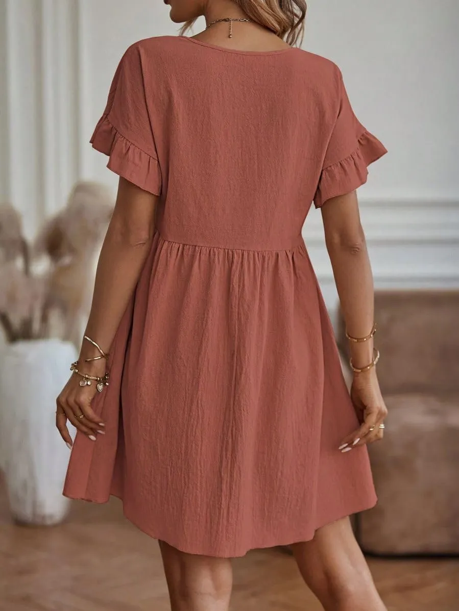 TIAFORD Women Round Neck Cotton Linen Dress Casual Loose Solid Short Ruffle Sleeve High Waist Linen Mini Babydoll Dress