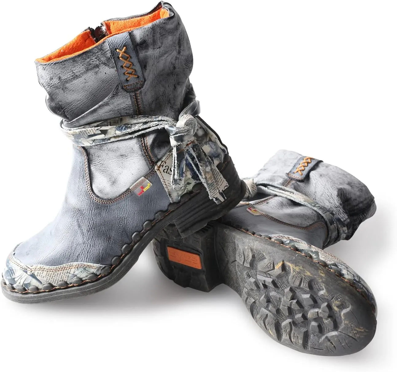 TMA EYES Distressed Tie-Accent Faux Fur Lining Side Zip Women's Snow Boots