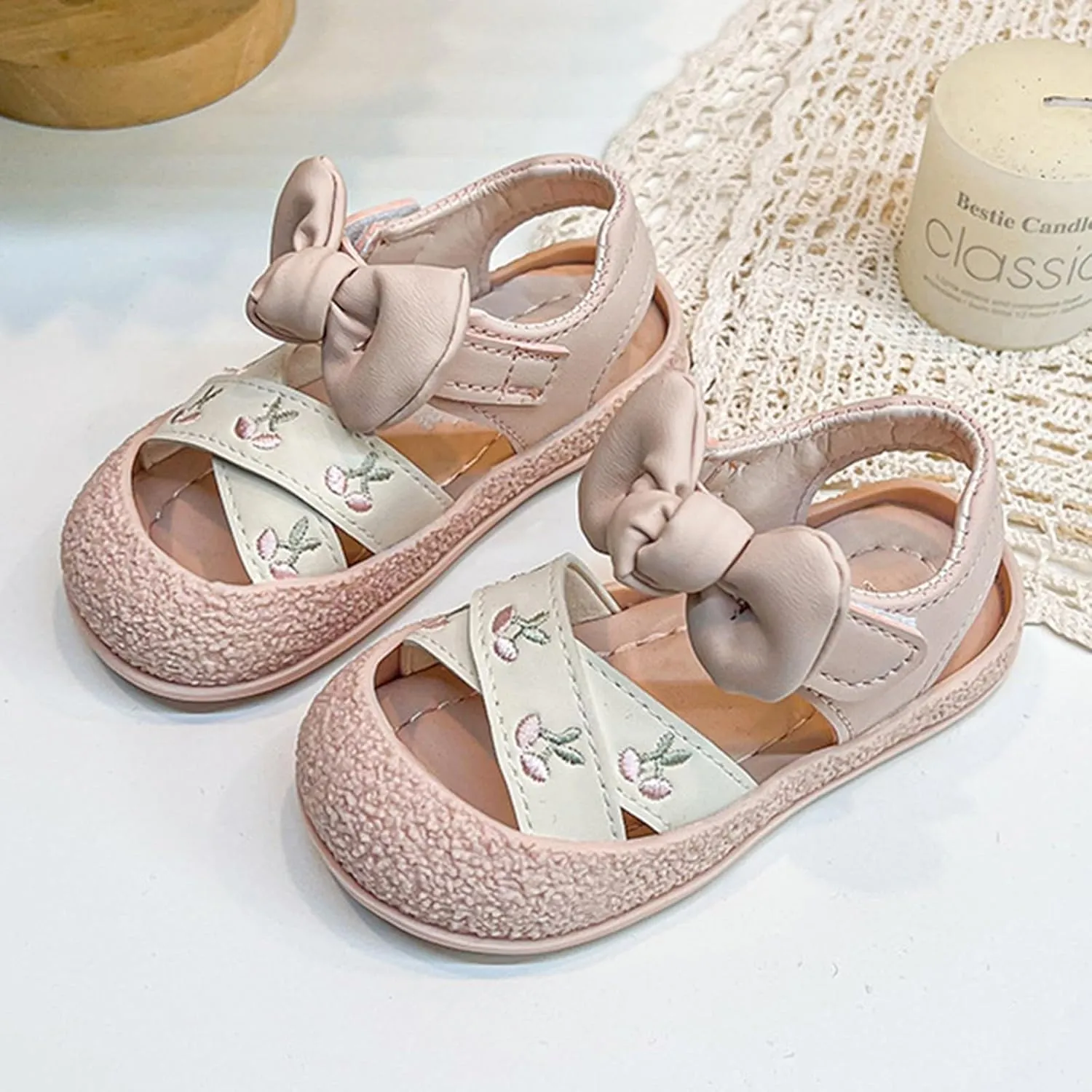Toddler Girls Flat Sandals Bow Flower Princess Dress Shoes for School Party Wedding Cherry Embroidered Water Shoes
