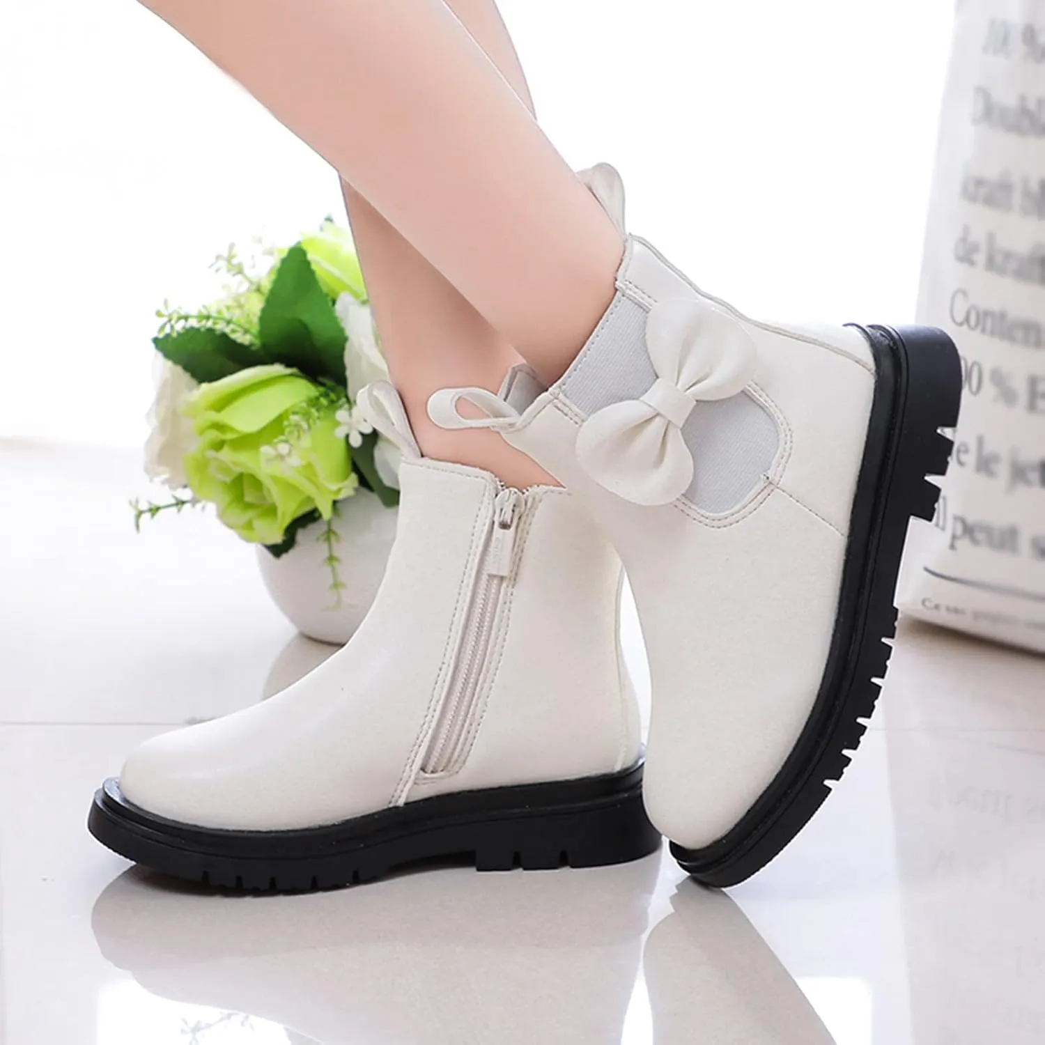 Toddler/Little Kid Girls Sweet Short Ankle Boots Bowknot Side Zipper Dress Booties Side Zipper Booties Lug Sole Shoes