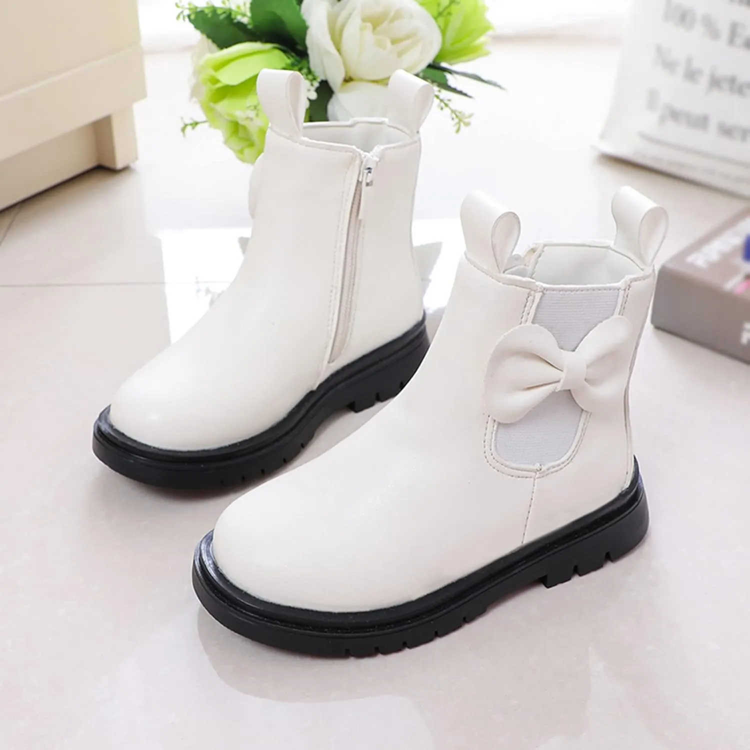 Toddler/Little Kid Girls Sweet Short Ankle Boots Bowknot Side Zipper Dress Booties Side Zipper Booties Lug Sole Shoes