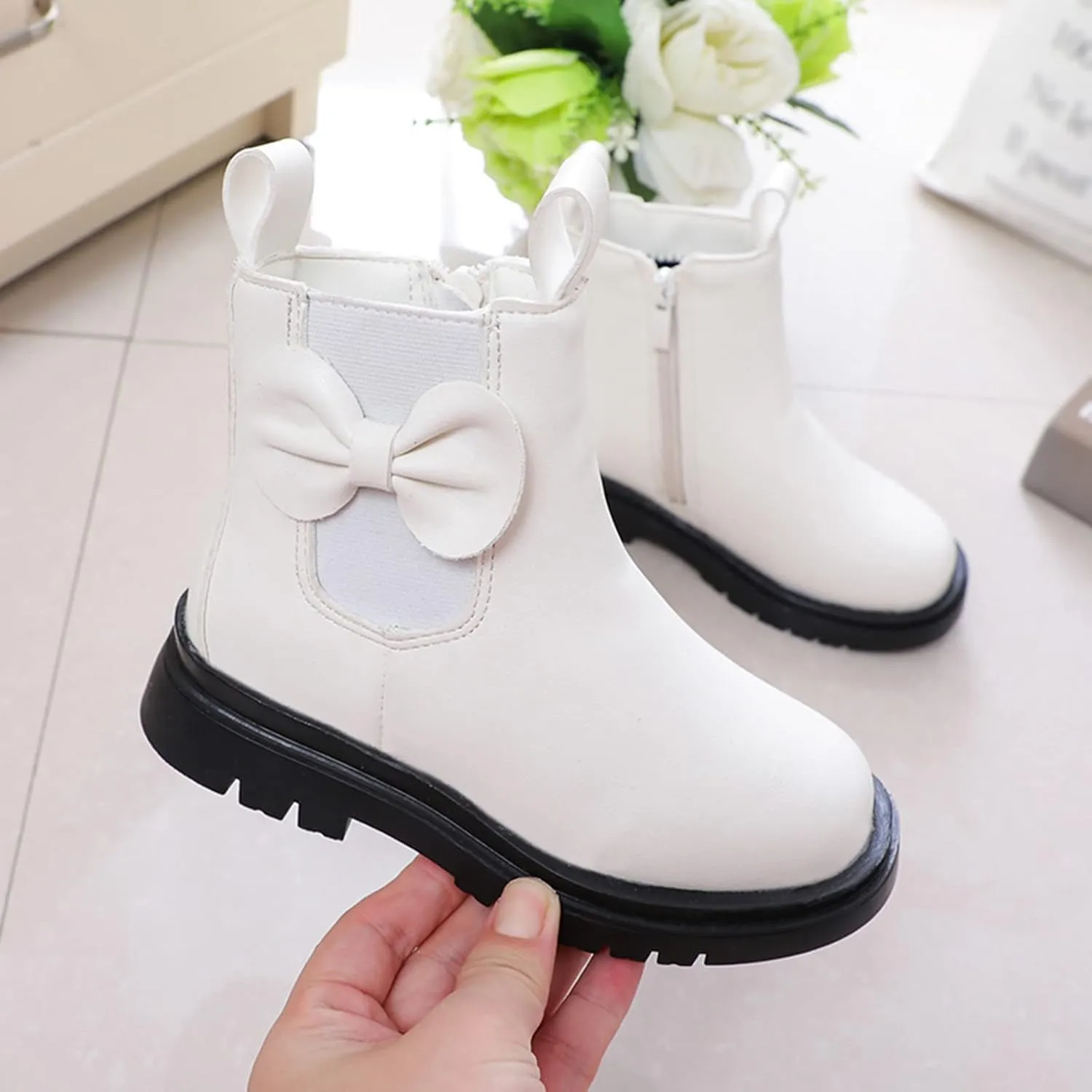 Toddler/Little Kid Girls Sweet Short Ankle Boots Bowknot Side Zipper Dress Booties Side Zipper Booties Lug Sole Shoes