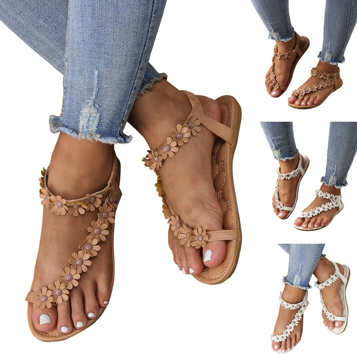 Toe Ring 2024 Flat Sandals for Women Spring Boho Beach Thong Cutes Summer Floral Trendy One Toe Work Office Gladiator