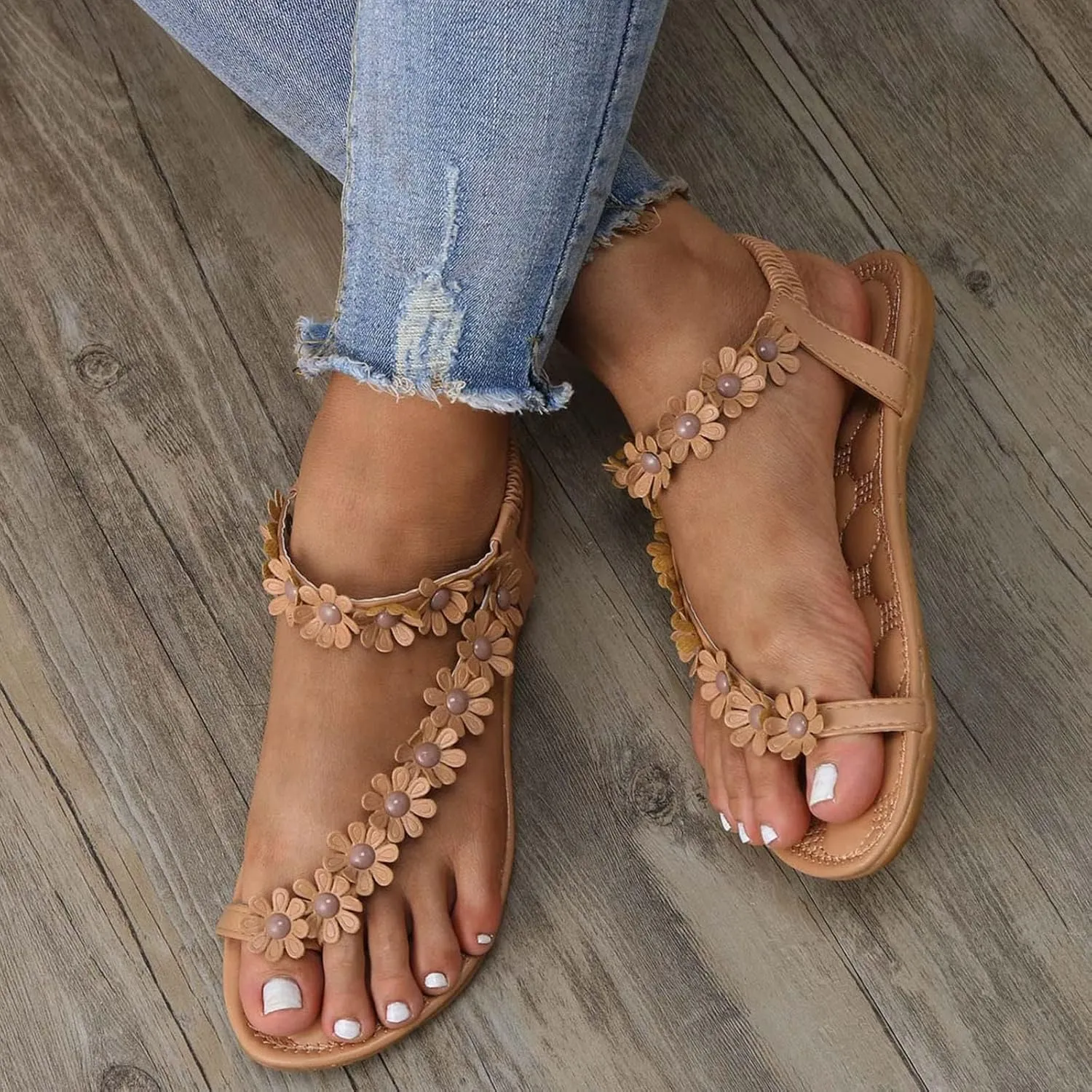 Toe Ring 2024 Flat Sandals for Women Spring Boho Beach Thong Cutes Summer Floral Trendy One Toe Work Office Gladiator