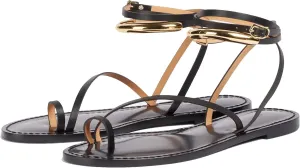 Toe Ring Flats Sandals for Women Leather Strappy Flat Sandals Square Toe Casual Beach Summer Shoes