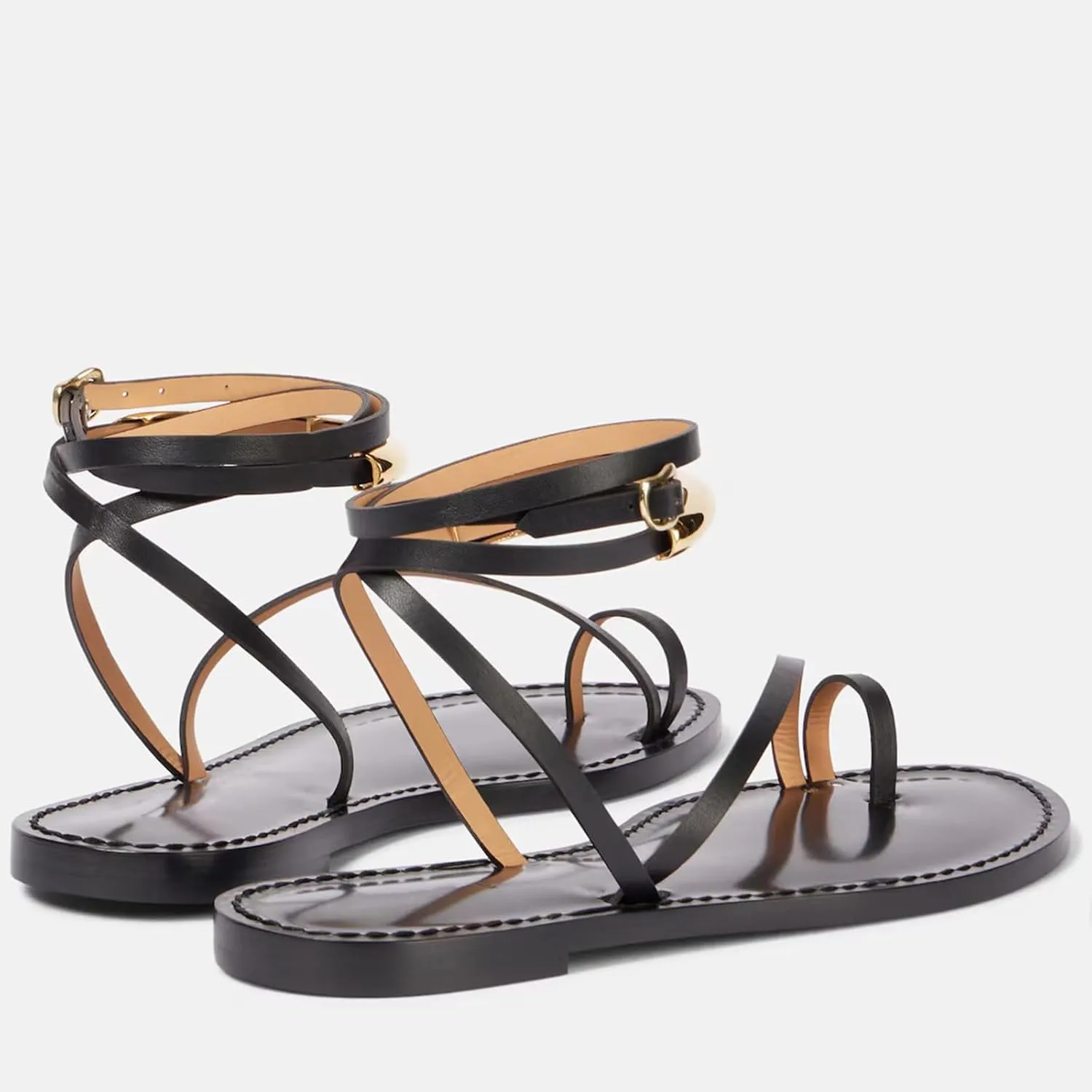 Toe Ring Flats Sandals for Women Leather Strappy Flat Sandals Square Toe Casual Beach Summer Shoes