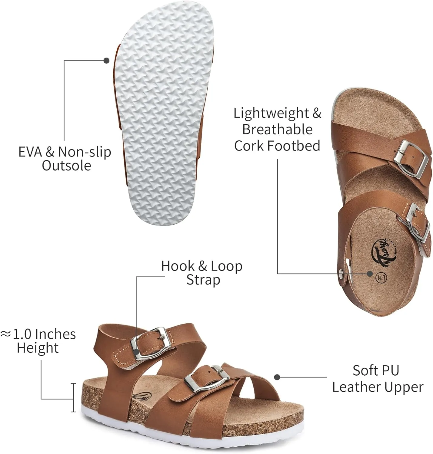 Trary Girls Sandals Open Toe Casual Summer Shoes with Cork Footbed Comfortable Flat Sandals for Little Kids