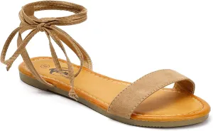 Trary Women's Lace Up Open Toe Strappy Sandals, Ankle Wrap Flat Dressy Tie Up Summer Footwear