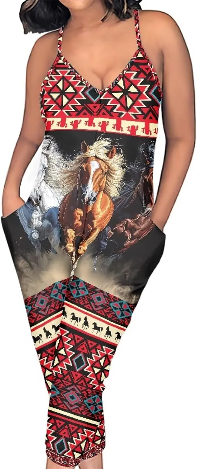 Tropical Jumpsuits for Women Hawaiian Flamingos Strap V with Pockets Jumpsuit